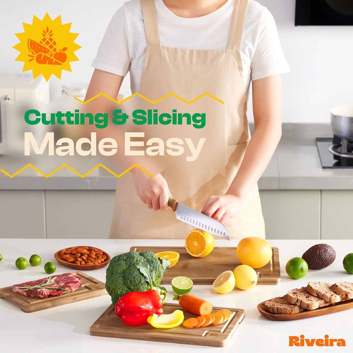 Riveira Brown Bamboo Wood Cutting Board – Versatile And Durable: Set Of 3 Pcs Rectangular Wooden Cutting Board – Natural Wooden Cutting Boards For Kitchen Set – Complete Bamboo Wooden Chopping Board