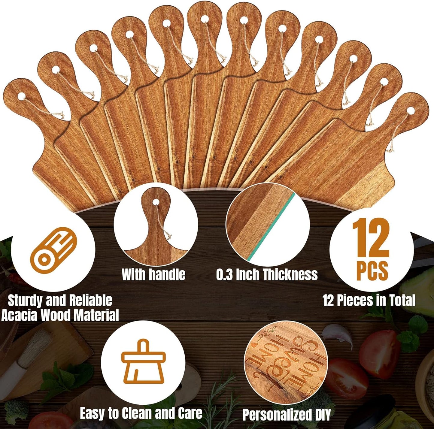 Patelai 12 Packs Wooden Cutting Board Set with Handles Large Kitchen Serving Plain Chopping Board Bulk Gifts for Mom for Vegetables Meat Pizza Cheese Fruit Bread(Acacia Wood,17 x 6 Inch)