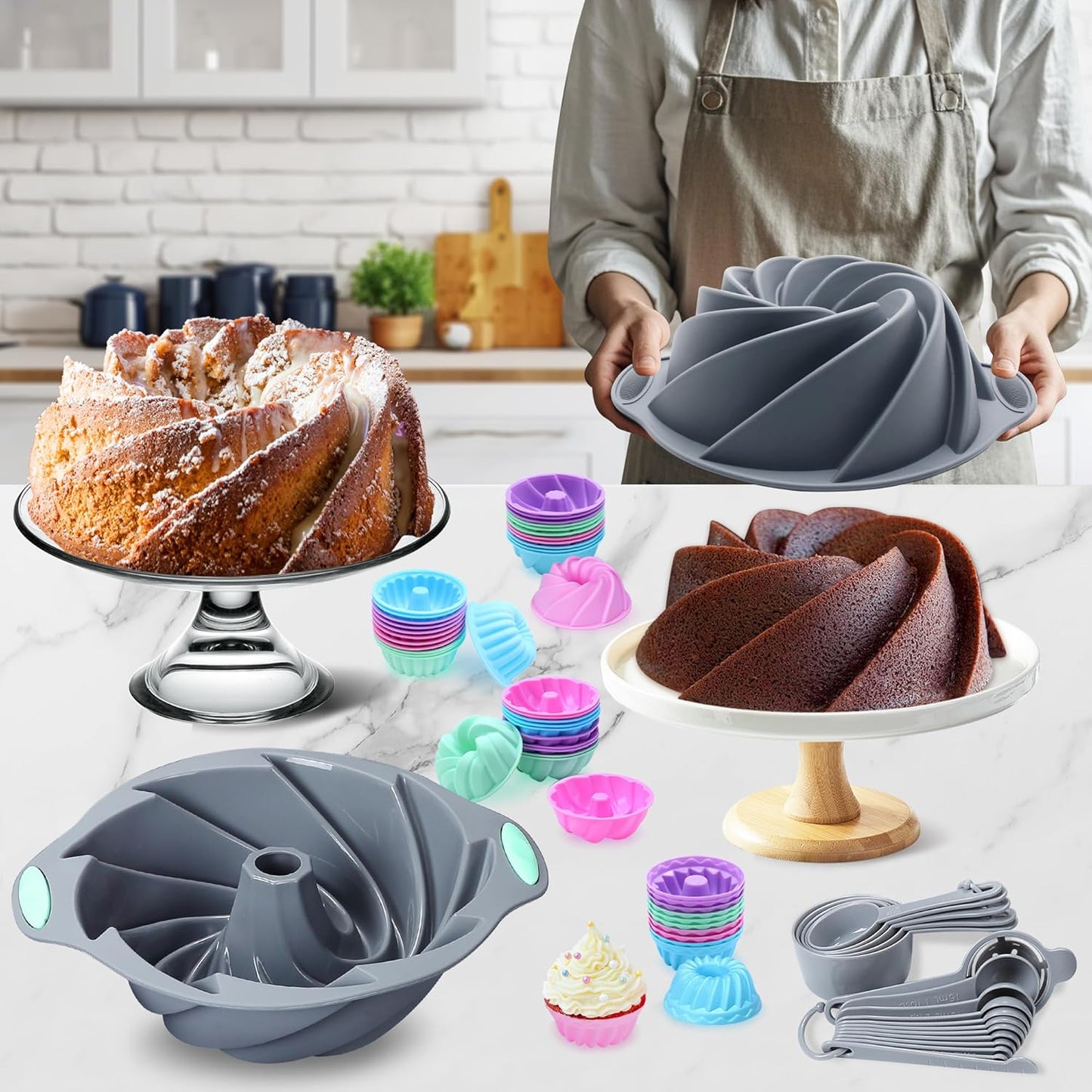 Tongjude 72 Pieces Silicone Bakeware Set, Nonstick Baking Pans Set, Easy Release Oven Silicone Pan for Kitchen with Cake Pans, Loaf Pans, Baking Cups, Measuring Cups and Spoons Set, Grey