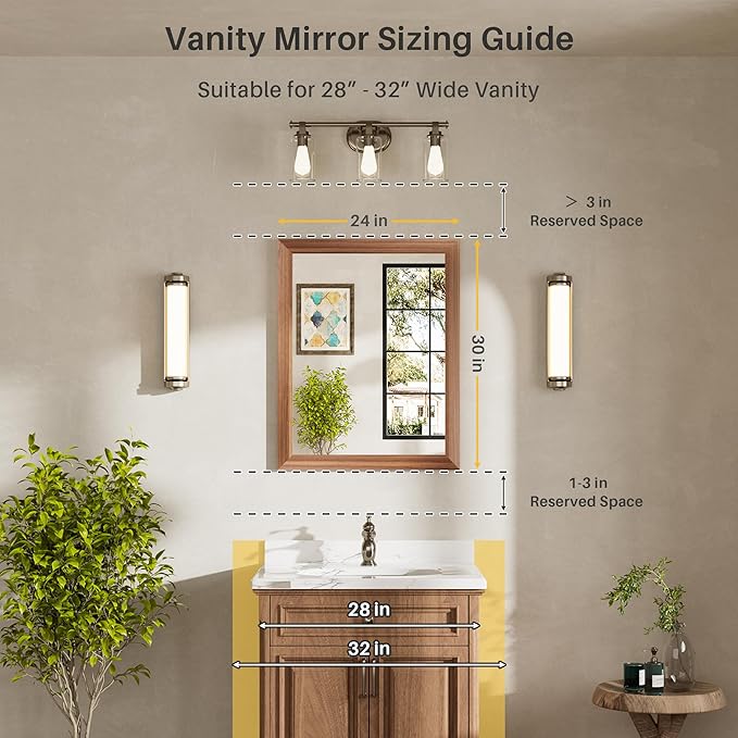 24x30 Inch Bathroom Mirror for Wall, Anti-Rust Walnut Wood Grain Metal Framed - Image 2
