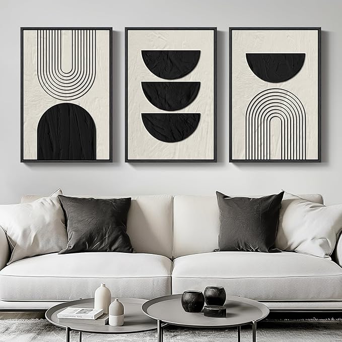 Large Framed Neutral Black and Beige Wall Art, 3 Piece Modern Canvas Prints - Image 2
