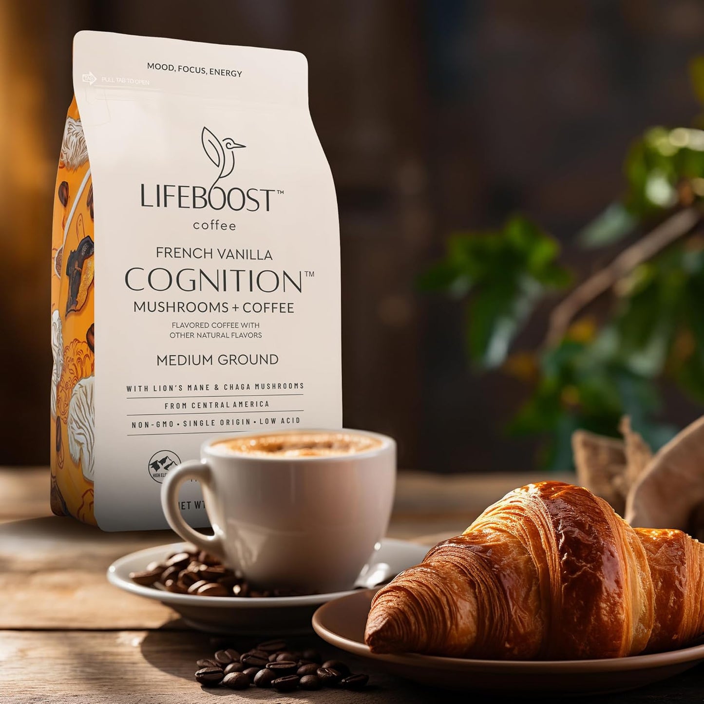 Lifeboost French Vanilla Cognition Mushroom Coffee - Low Acid Medium Organic Coffee with Nootropic Lions Mane & Chaga Mushrooms - Increase Energy, Boost Focus & Immune Support - 12 oz Bag - Ground