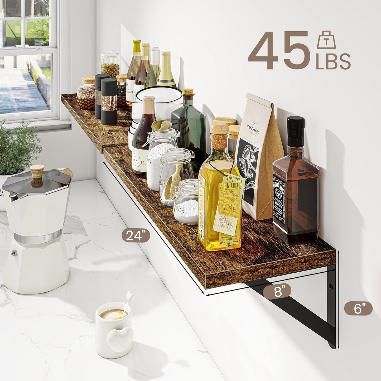 Dreamland Dark Brown Floating Shelves, 24W x 8D Wall Mounted Shelves Set of 2, Wide Display Ledge Shelf with Sturdy Metal Brackets for Living Room, Bathroom, Bedroom and Kitchen