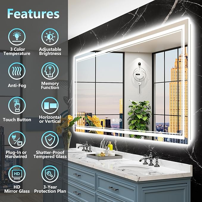 72x32 LED Bathroom Mirror with Lights, Backlit and Front Lit Anti-Fog Lighted - Image 2