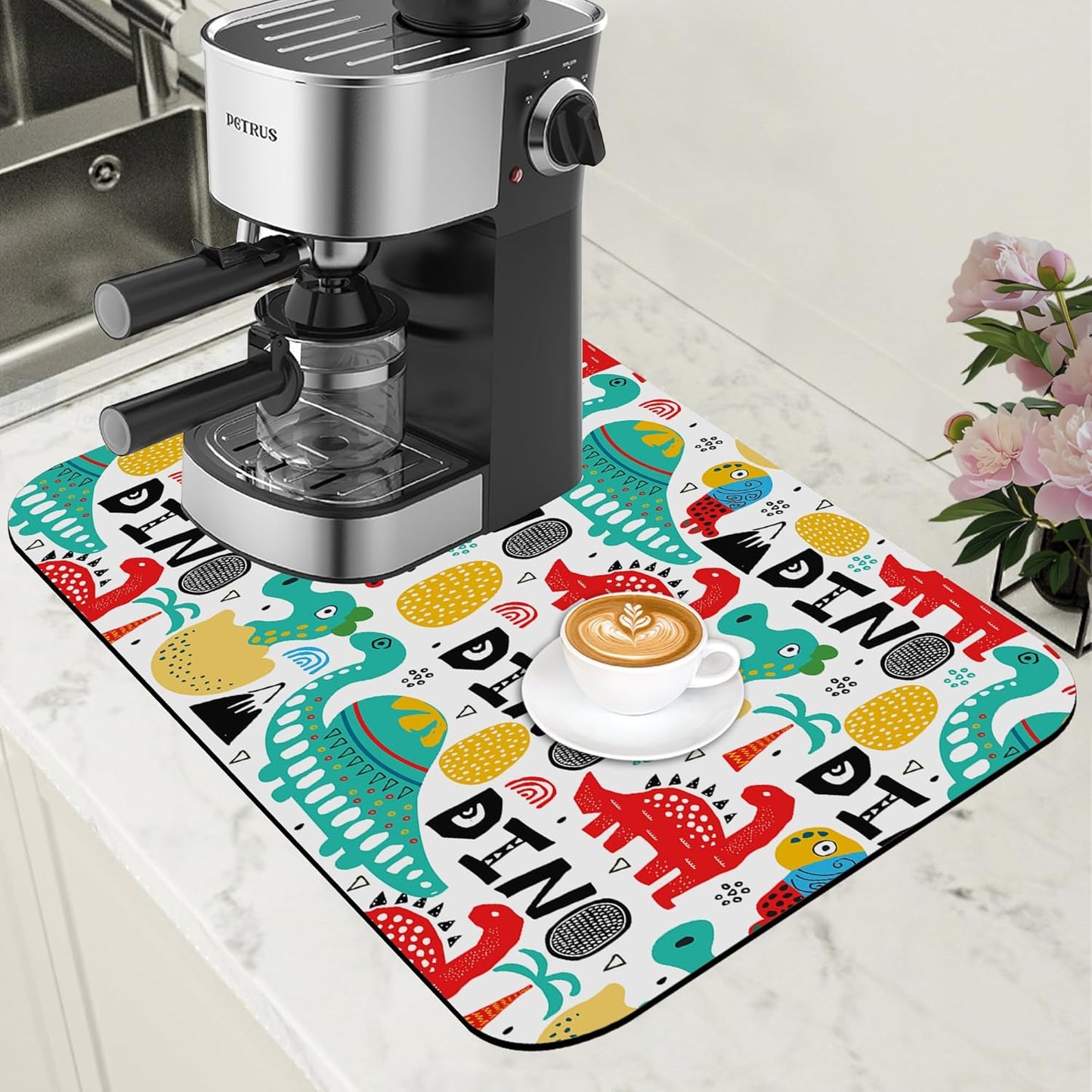 Dinosaur with Palms and Eggs Coffee Mat Absorbent Dish Drying Mat for Kitchen Counter Hide Stain Rubber Backed Coffee Bar Accessories Fit Under Coffee Maker Espresso Machine, 11.8 x 19.7 Inch