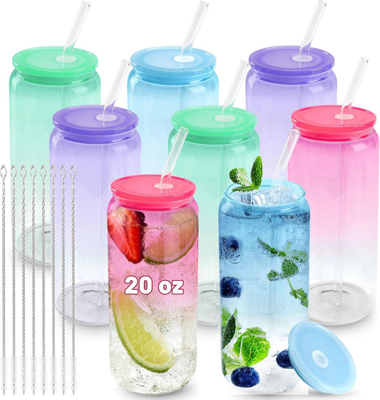 Joyclub 20oz Glass Cups with Acrylic Lids and Straws 8 Set Can Shaped Glass Iced Coffee Cups with Lids, Gradient Drinking Glasses Cute Tumbler Cup Great for Smoothie Soda Boba Tea Cocktail Beer Gift