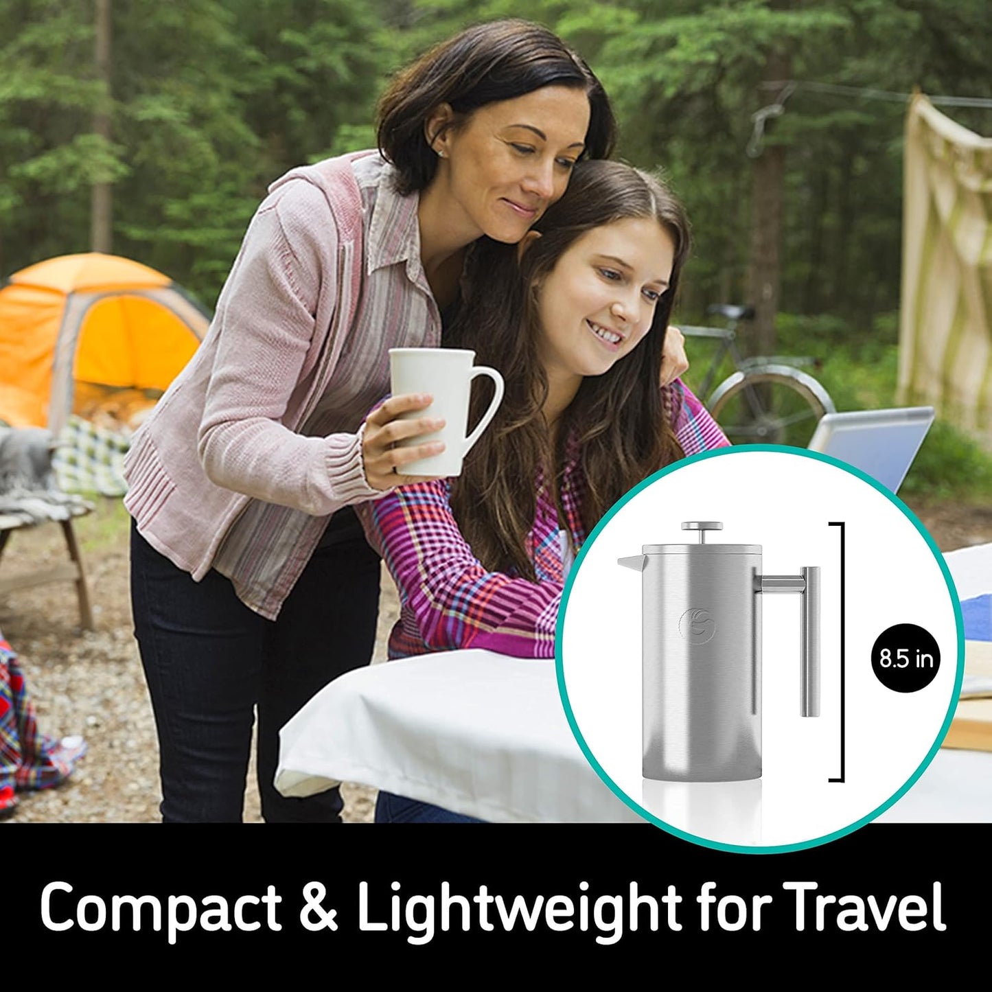 Coffee Gator French Press Coffee Maker 34oz, Double Insulated Stainless Steel Brewer plus Travel Jar Canister, Portable Hot Cold Brew Tea for Coffee Bar Accessories Kitchen Camping, Orange