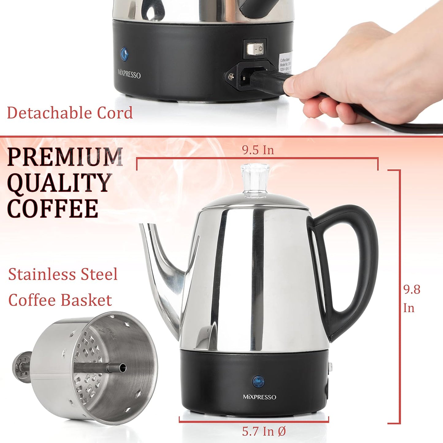 Mixpresso Small Percolator Coffee Pot Electric 4 Cup, Stainless Steel Coffee Maker, Coffee Percolator Electric With Keep Warm Function, 4 Cups Stainless Steel Perculator With Basket