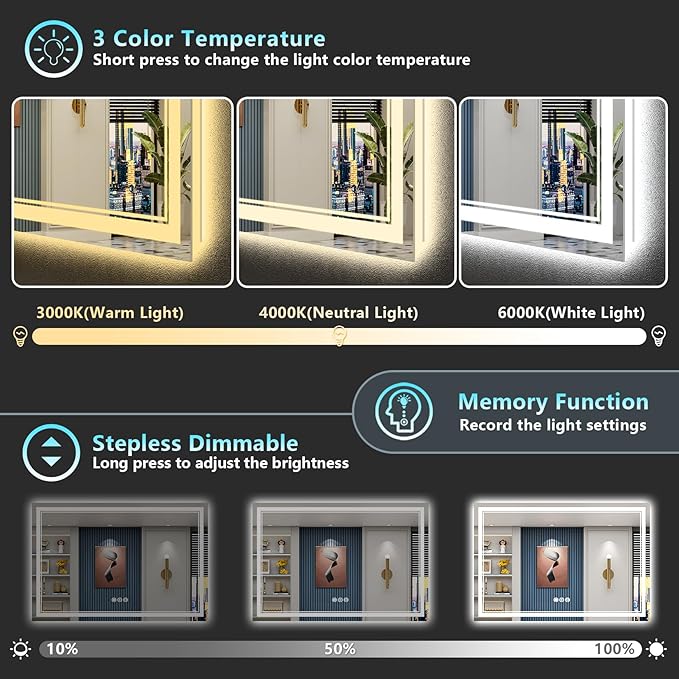 60x40 LED Bathroom Mirror with Lights, Backlit and Front Lit Anti-Fog Lighted - Image 4