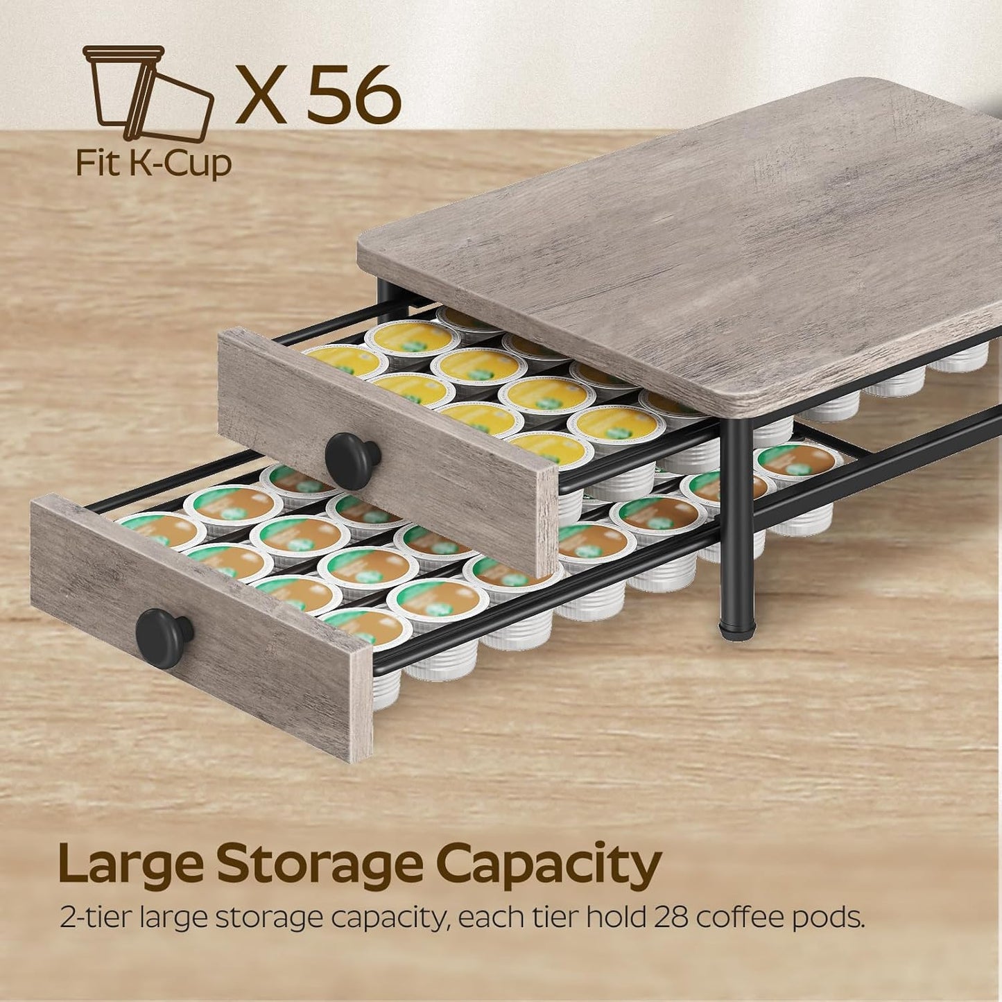 Coffee Pod Drawer Holder for K Cup, 56 Pods Capacity, 2 Tier Organizer for K Cup, Coffee Pod Organizer for Countertop, Space Saving, Easy Assembly, Greige and Black KH28BGY1