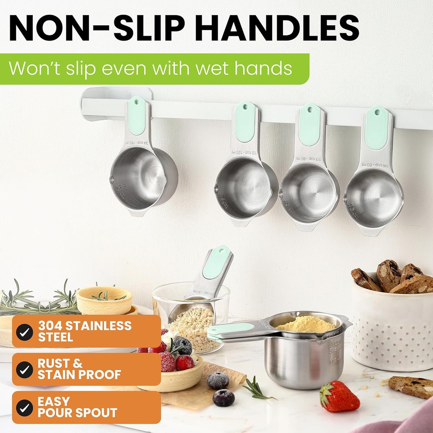 Spring Chef Magnetic Stainless Steel Measuring Cups (Patent Pending), Kitchen Tools with Easy to Read Markings for Measuring Dry or Liquid Ingredients, Set of 7, Mint