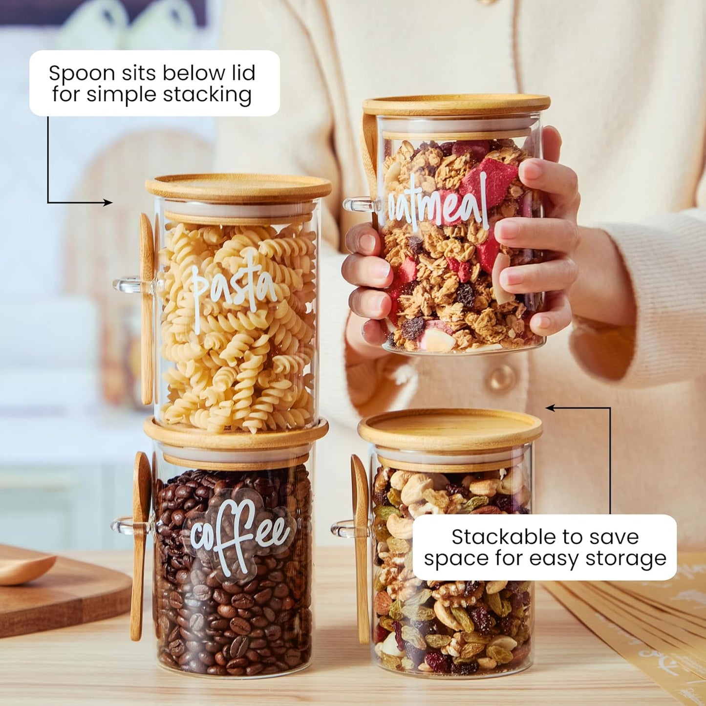 Talented Kitchen Glass Food Storage Containers with Lids - 4-Pack 17 oz Glass - Stackable Kitchen Jars for Pantry, Spice Jars & Coffee Containers for Countertop - Attached Spoons & 157 Labels