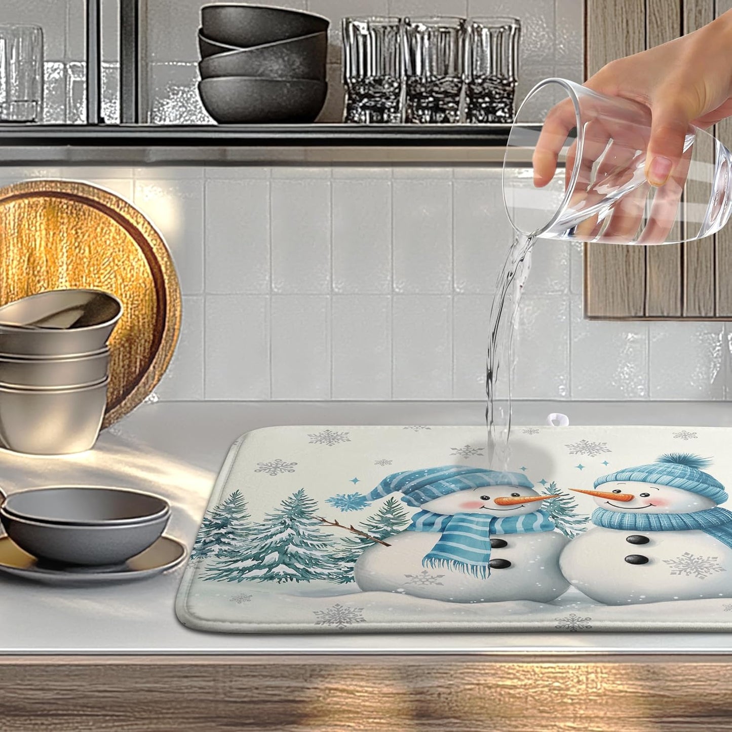 Winter Dish Drying Mat Winter Snowman Large Kitchen Mats Dish Drying Pad Blue Snowman Pine Tree Absorbent Dish Dryer Mat for Kitchen Countertops Microfiber Drainer Pad Dish Drying Mats (18x24 in)