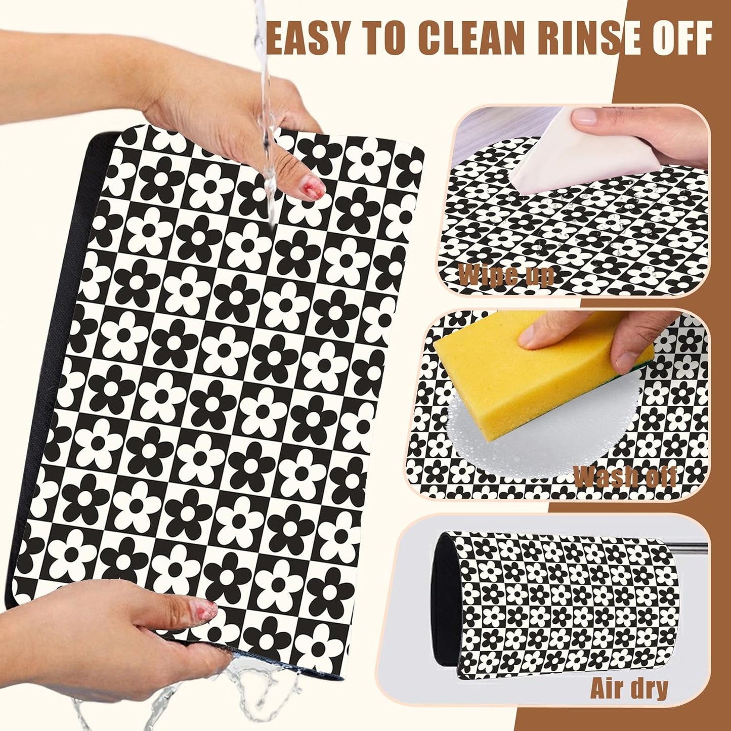 Black and White Checkered Flower Dish Drying Mat for Kitchen Counter Absorbent Coffee Mat Hide Stain Rubber Backed Drying Rack Pad Espresso Machine Coffee Bar Accessories 15.7 x 23.6 Inch