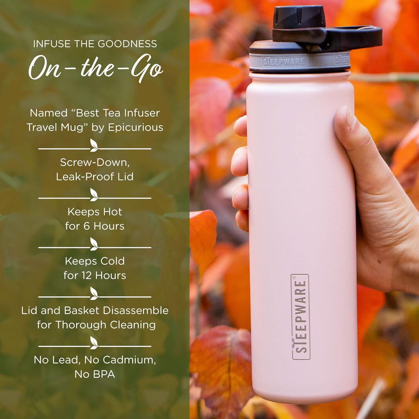 The Tea Spot Steepware Tea Tumbler and Thermos, 22oz, Tea Bottle with tea infuser for loose leaf tea or iced coffee, Sleek Double Wall Tumbler & Insulated Travel Bottle - Black