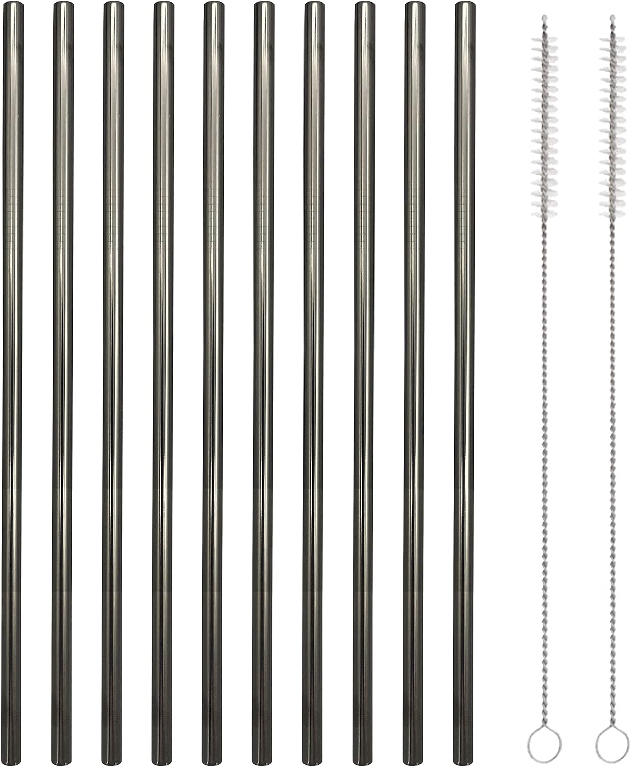 10 Pcs Stainless Steel Straws, Reusable Drinking Straws, Straight Metal Straw Sets with 2 Pcs Cleaning Brushes (10.5 Inch, Black)