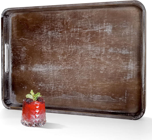 22 Inch Rustic Wood Serving Tray with Handles, Large Rectangular Wooden Ottoman Tray, Beautiful Home Décor for Living Room Coffee Table Couch, Ideal for Serving Food Breakfast BBQ Parties