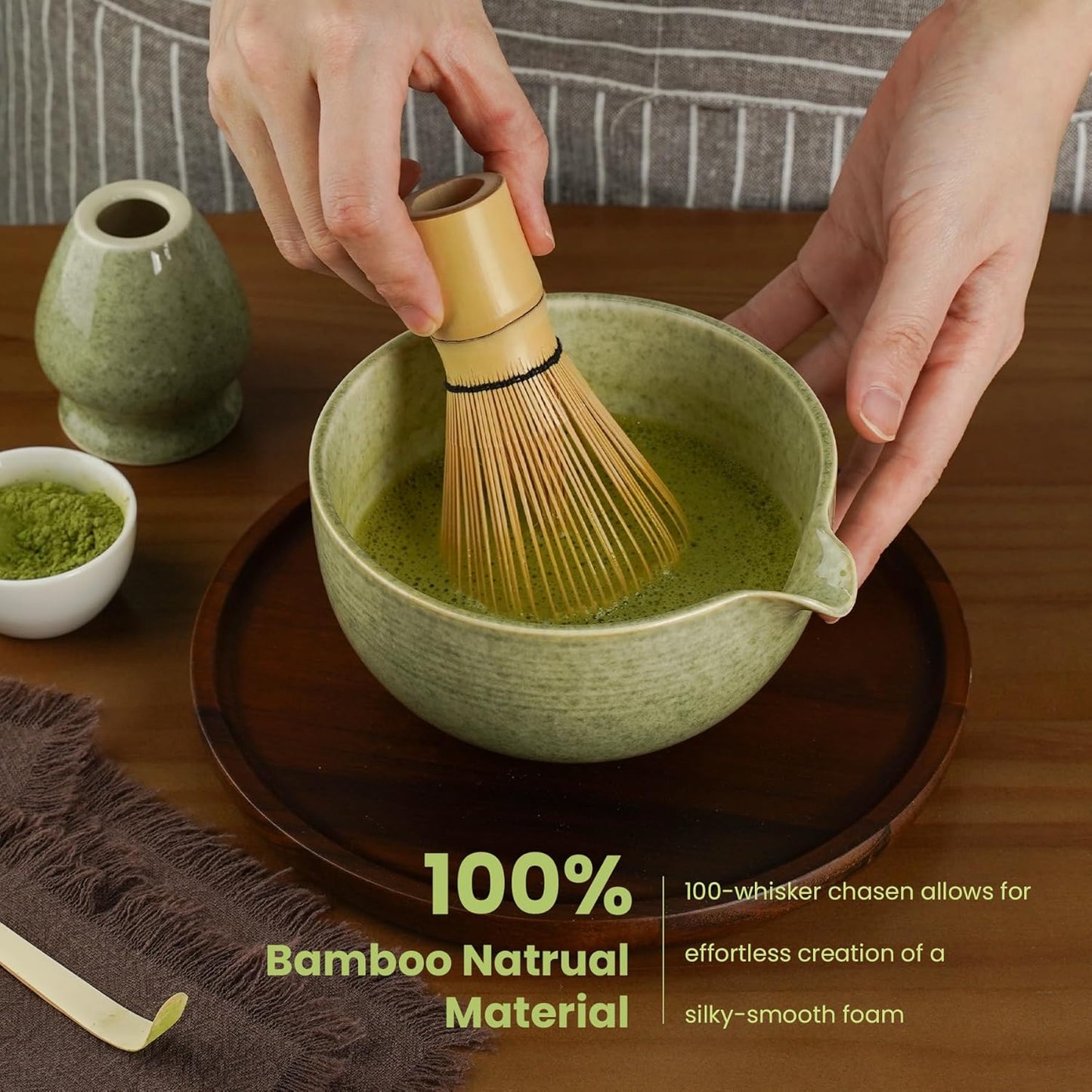 Matcha Whisk Set, Handcrafted Bamboo Chasen & Ceramic Bowl Matcha Kit, Complete 5 Pcs Matcha Set Whisk and Bowl W/Stainless Steel Sifter, Bamboo Scoop & Holder for Matcha Tea Ceremony (Mottled Green)