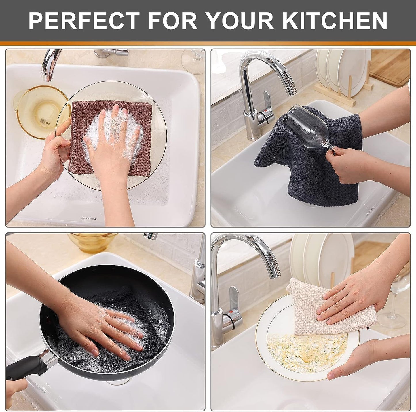 Kitinjoy 100% Cotton Kitchen Dish Cloths, 8 Pack Waffle Weave Ultra Soft Absorbent Dish Towels for Drying Dishes, Quick Drying Dish Rags, 12 X 12 Inch, Multicolor