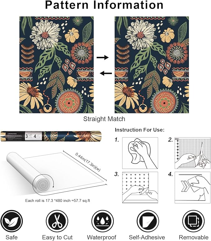 Simon&Siff Boho Peel and Stick Wallpaper, 17.3" x 480" Blue Sun Floral Retro - Image 7