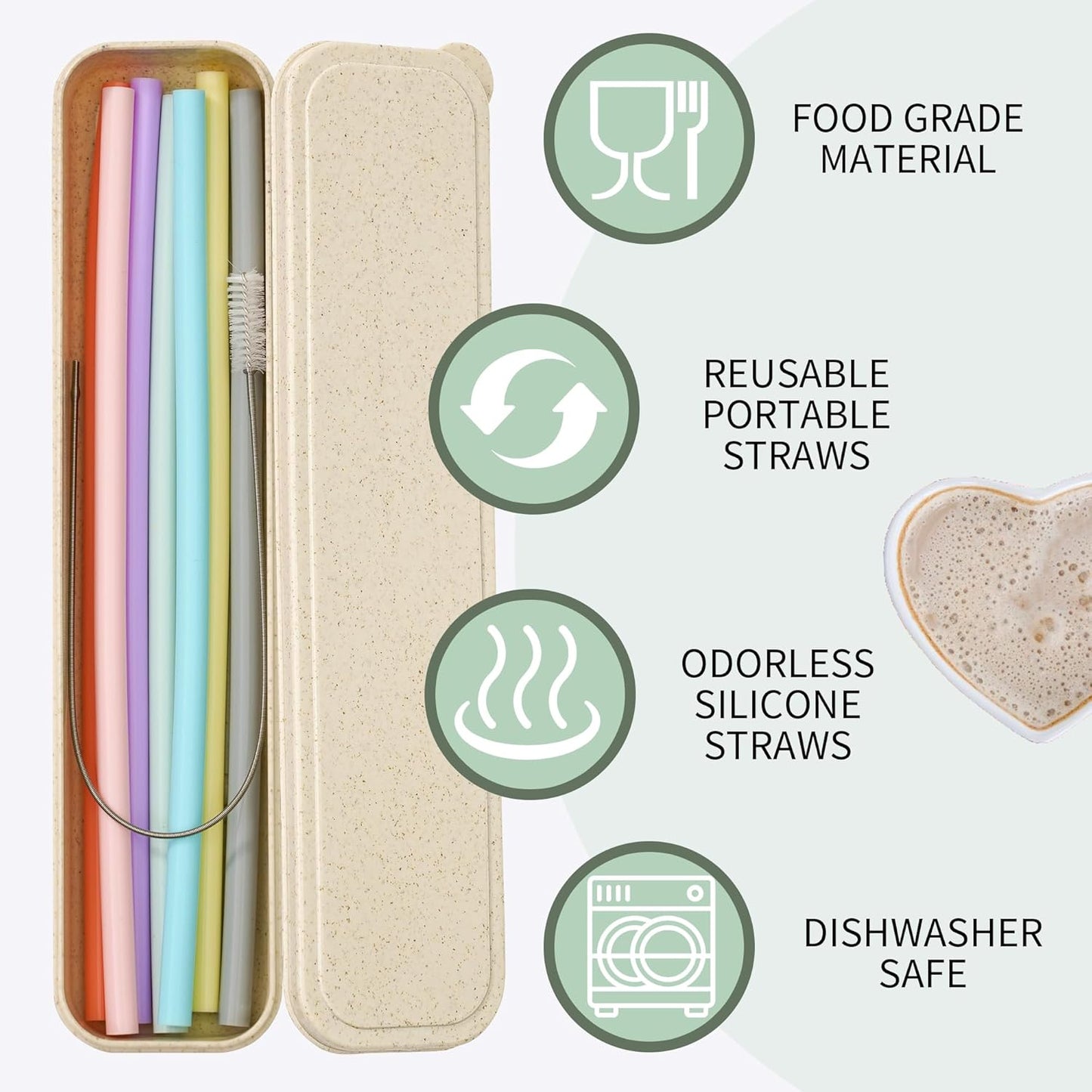 Reusable Straw with Case - Dishwasher Safe ECO-Friendly BPA Free Travel Straws with Case, 9 Inch Extra Long,Flexible Silicone Smoothie Straws with Cleaning Brush (Multicolor)