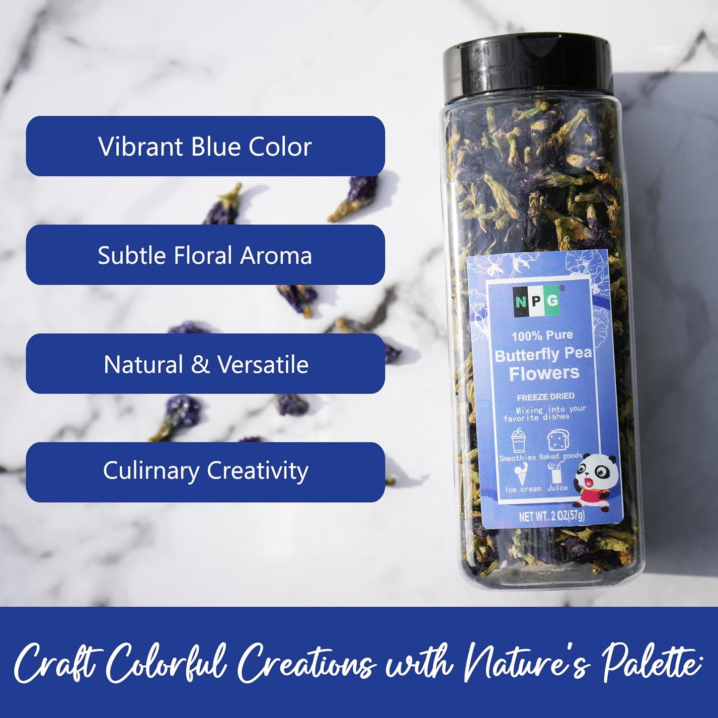 NPG Blue Butterfly Pea Flower Tea 2 Oz, Whole Flower Buds Loose Leaf, Natural Non-GMO Blue Food Coloring for Iced Tea, Cocktails, Caffeine-Free, Approx. 875 Ct