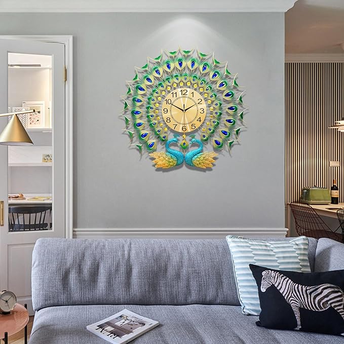 Large Peacock Wall Clock 27.6 inch Non-Ticking Silent Crystal Creative - Image 5