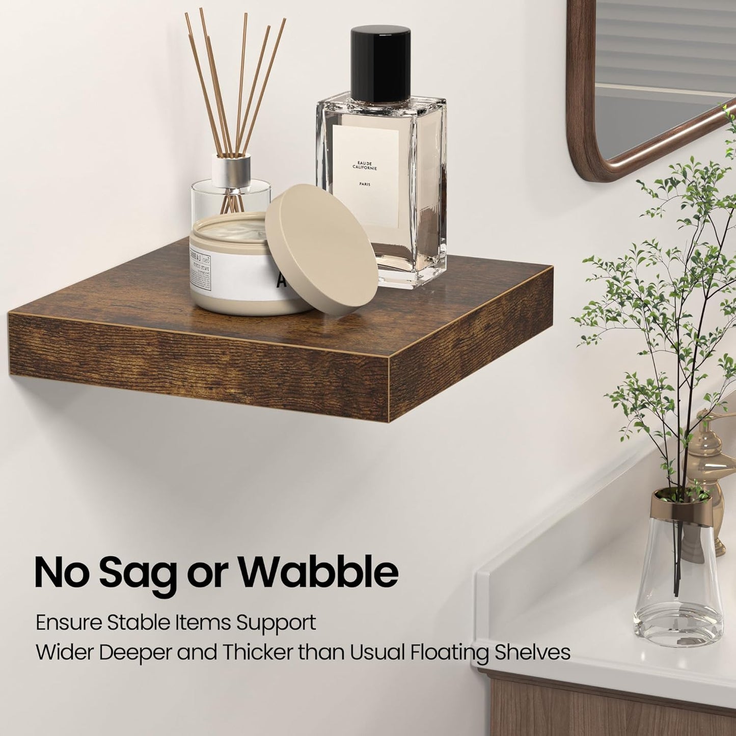 Square Floating Shelves for Wall, 8"W x 8"D x 1.2"H, Small Wooden Wall Mounted Display Shelves with Invisible Brackets for Living Room, Bedroom, Bathroom, Kitchen Decor, Set of 4, Rustic Brown