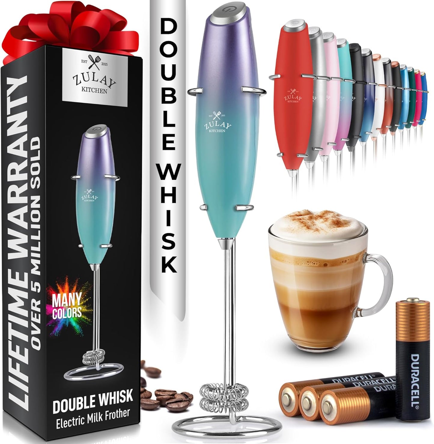 Zulay Kitchen Whisk Milk Frother with 4 Duracell Batteries - Powerful Handheld Foam Maker for Coffee, Lattes, Matcha, Hot Chocolate & Cappuccinos - Whip Creamy Froth in Seconds