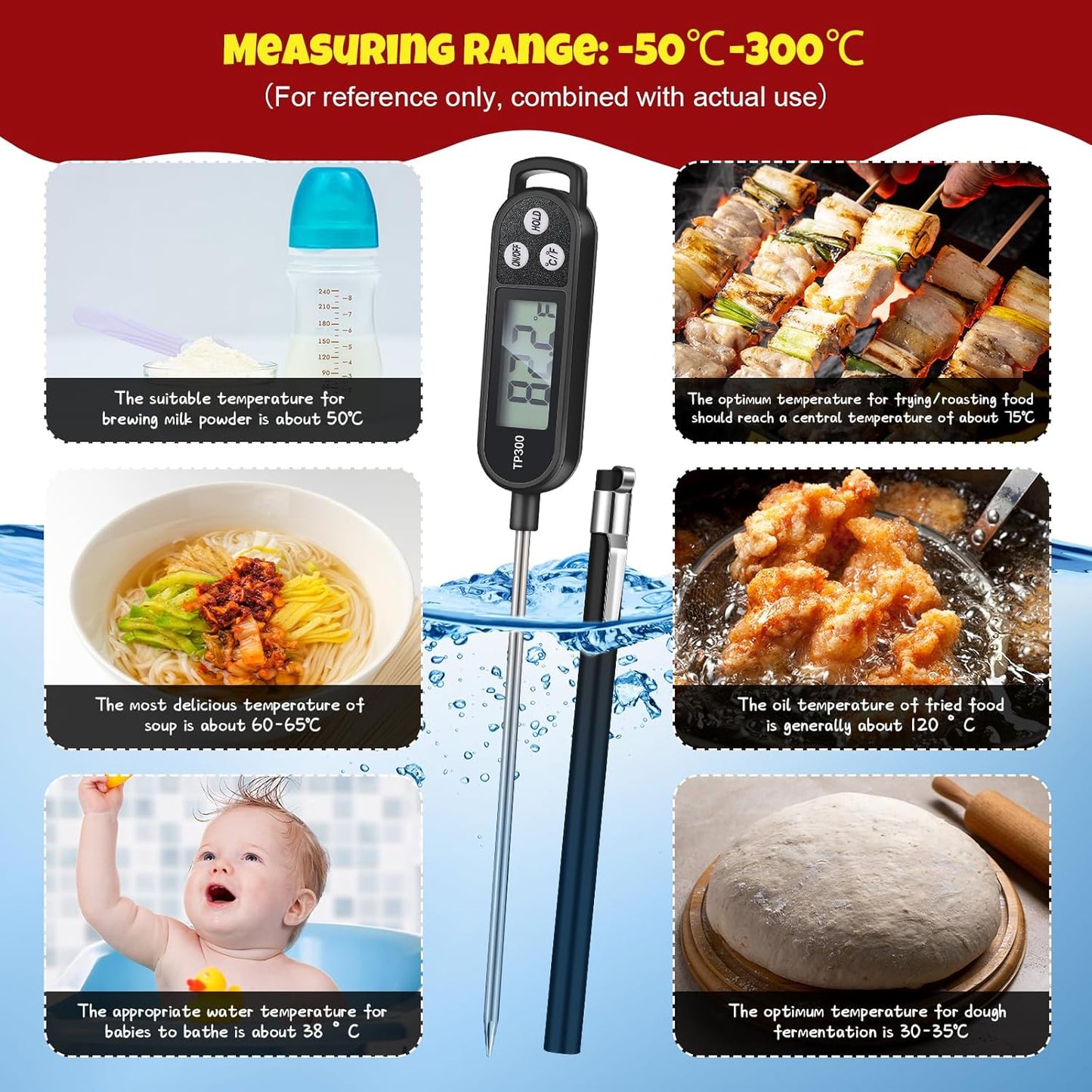 12 Pcs Meat Food Thermometer Food with Probe Water Liquid Instant Read Digital Thermometer Kitchen Cooking Supplies for Cooking BBQ Milk Yogurt (Black)