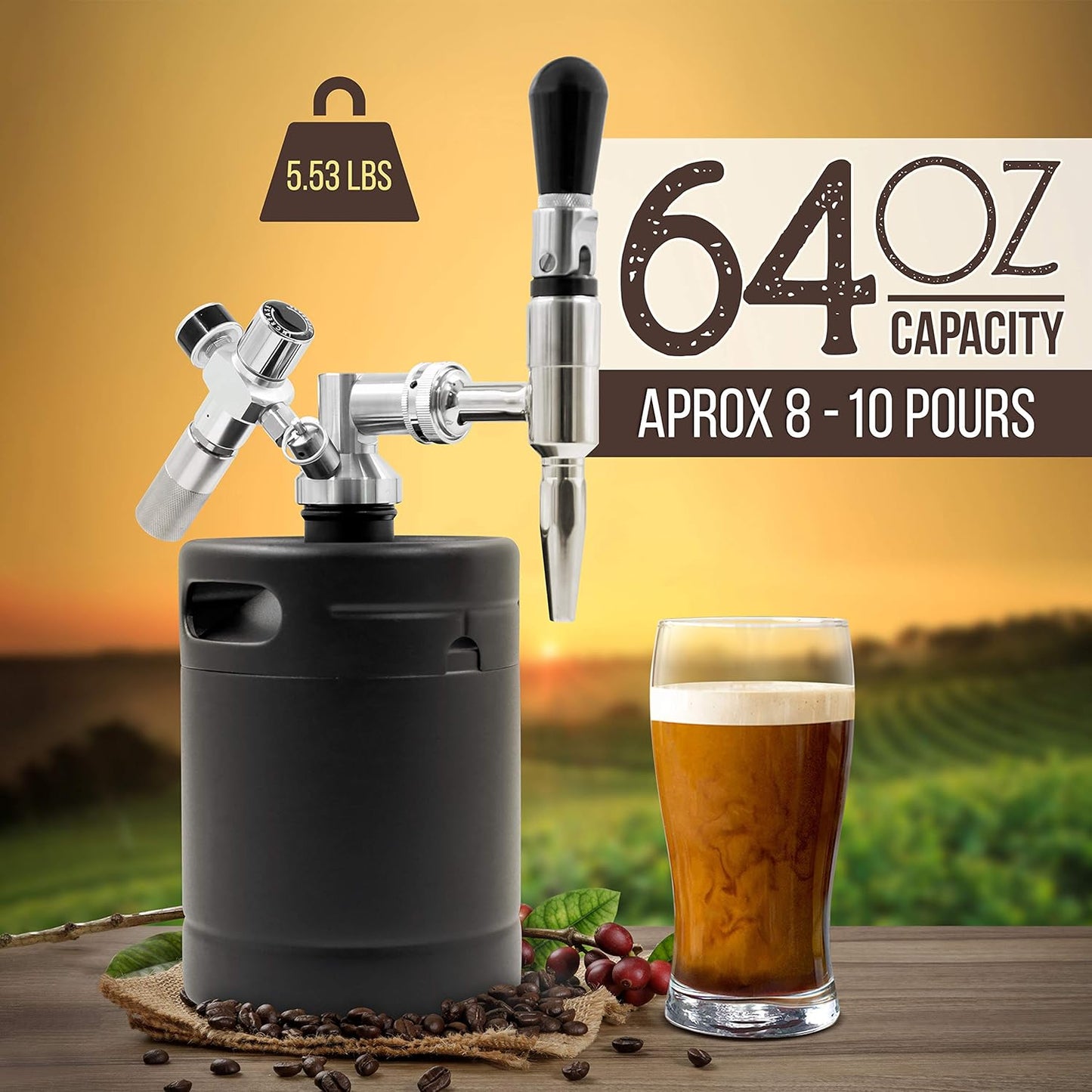 NutriChef Nitro Cold Brew Coffee Maker - 64Oz Stainless Steel Home Brew Coffee Keg w/Adjustable Pressure Regulator, Nitrogen Coffee Growler Machine Dispenser System, Stout Creamer Faucet NCNTROCB20