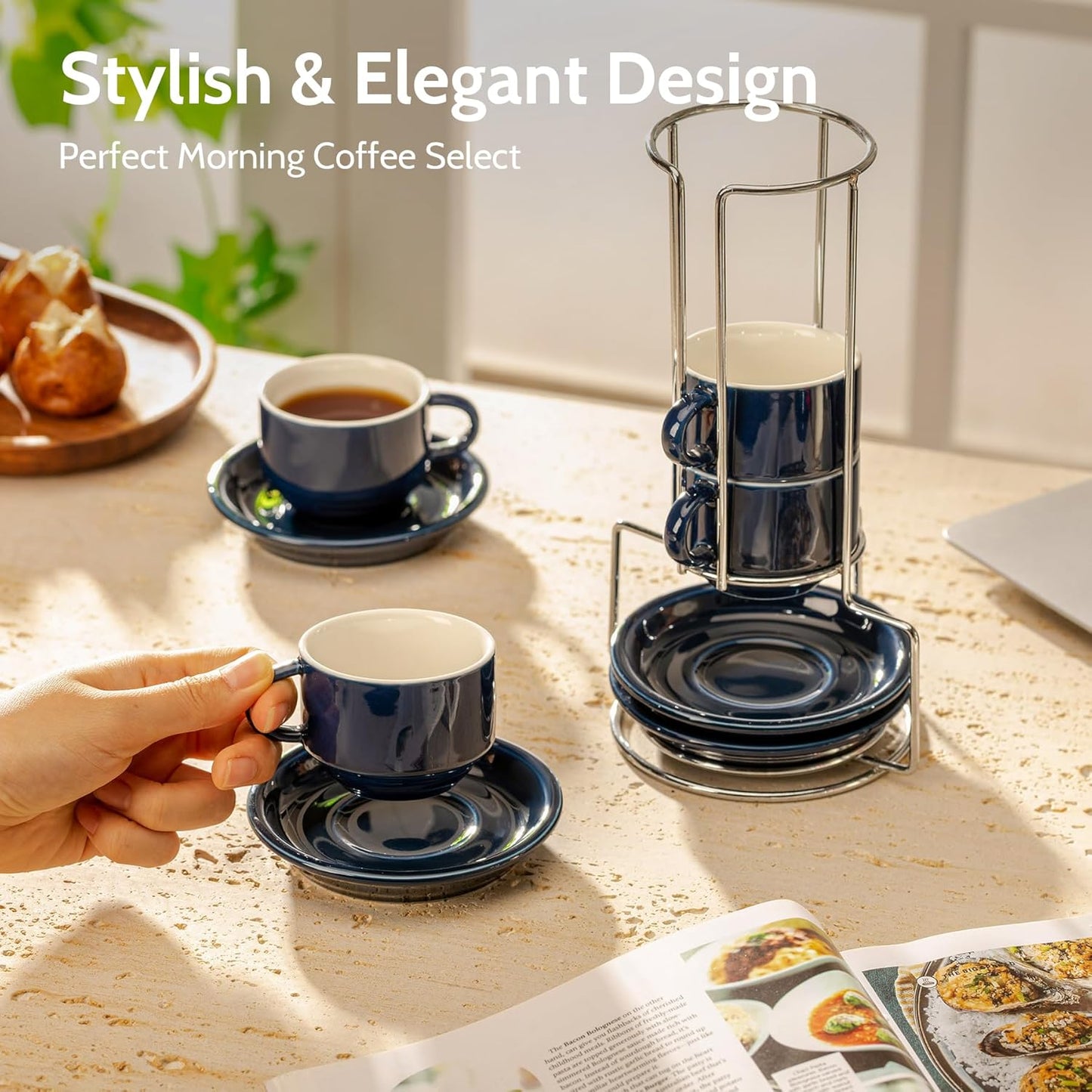 Sweese 2.5 Ounce Porcelain Stackable Espresso Cups with Saucers and Metal Stand Set of 4, Navy