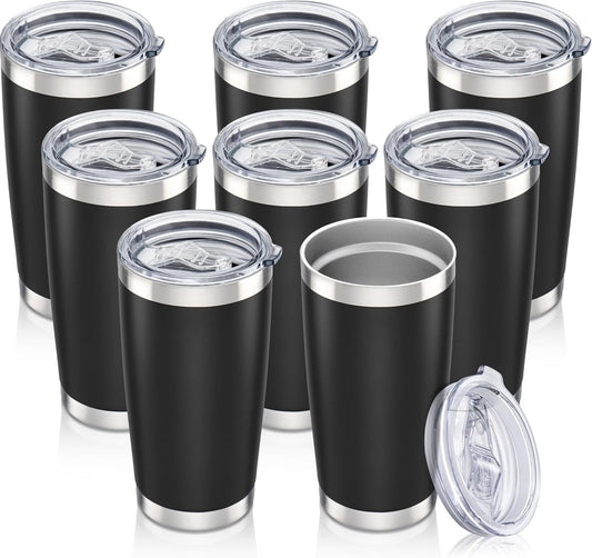 20 oz Tumbler with Lid Stainless Steel Insulated Tumblers Bulk Double Wall Vacuum Cups Powder Coated Travel Mug Keep Drink Cold and Hot, Black, 8 Pack