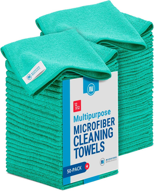 Microfiber Wholesale 12" x 12" Cleaning Cloths (50 Pack) - Reusable Towels, Wash Rags, Dust Cloth, All-Purpose: Kitchen, Dish, Cars, Shop, Glass (Green)