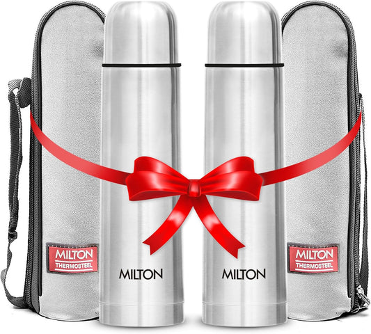 Milton Vacuum Flask for Hot Drink 1 litre (34 oz), Stainless Steel Double Walled Insulated Water Bottle for 24 Hour Hot and Cold drinks with cover, Leak proof, Thermosteel Flip Lid 1000 ml Set of -2