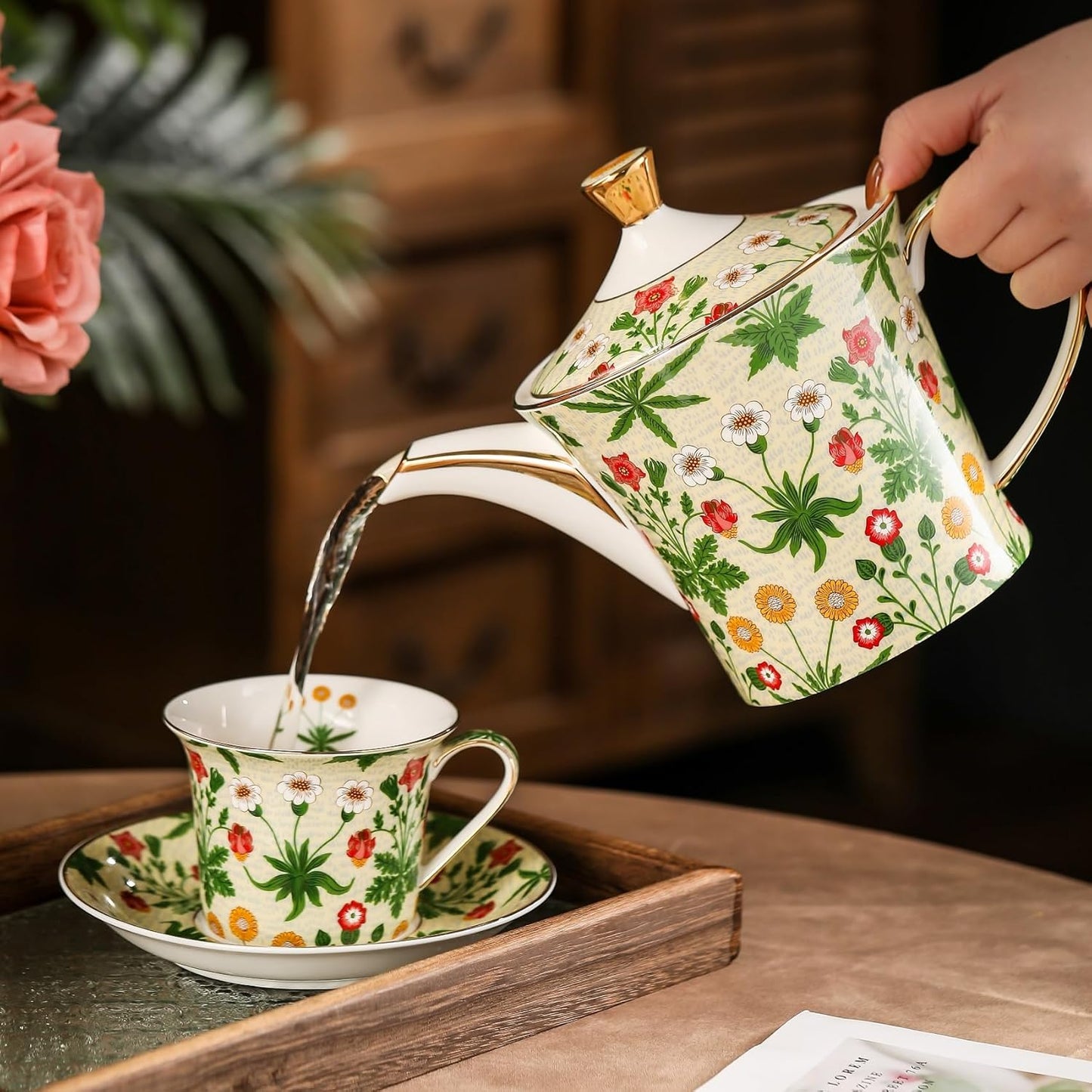 ACMLIFE Tea Set for Adults- Fine China Tea Set for 6, 21-Piece Vintage Coffee Set English Porcelain Tea Pot Sets for Adult Tea Party for Women Gift (Yellow ZF, Extra Large 21)