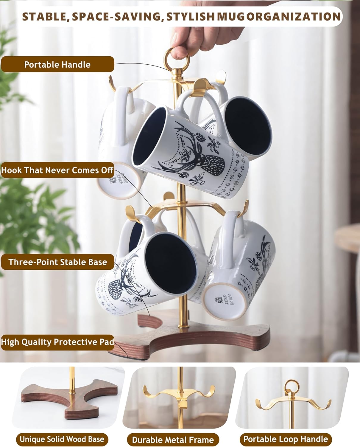 Gold Mug Holder Tree for Countertop | 2-Tier Coffee Mug Rack Holds 6 Large Mugs, 5oz to 20oz | Elegant Golden Cup Stand with Solid Wood Base | Kitchen Counter Organizer & Coffee Bar Accessories