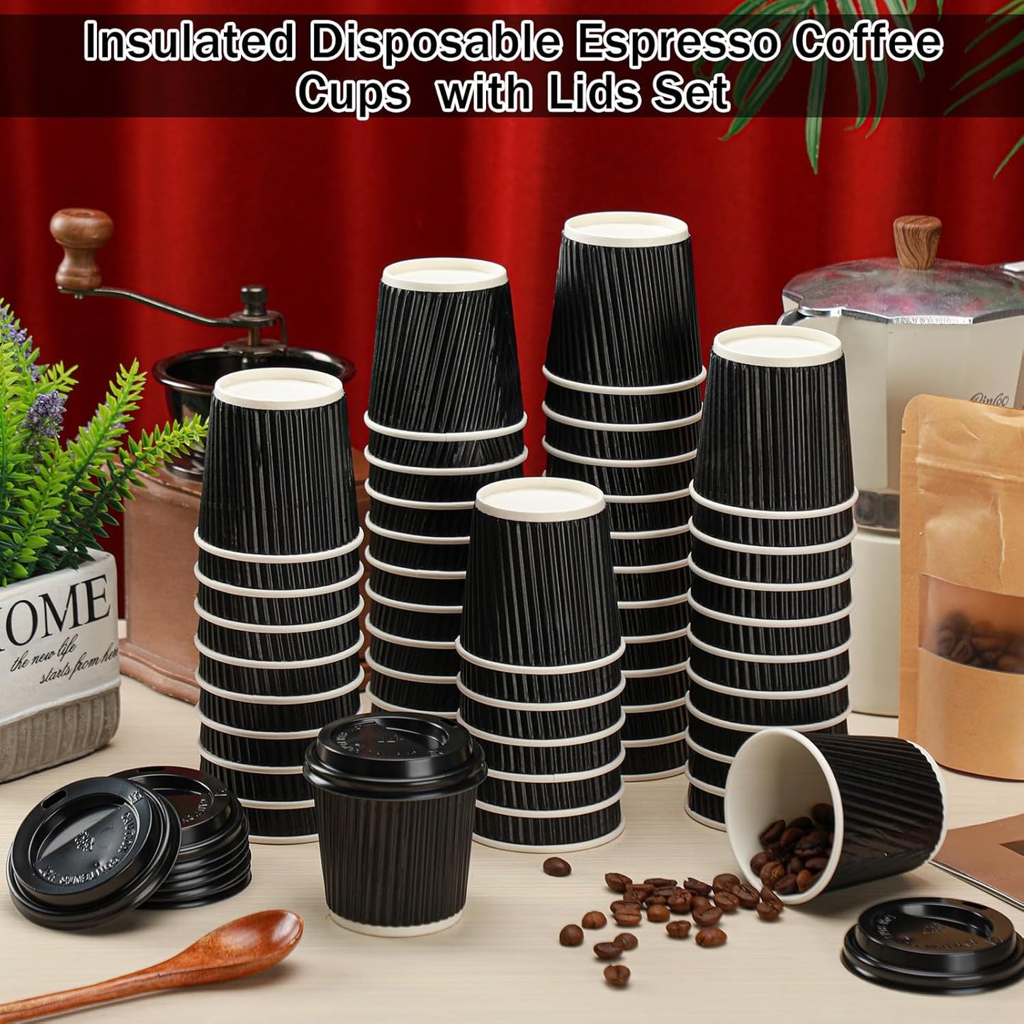 Uiifan 100 Set 4oz Disposable Espresso Cups with Lids Ripple Corrugated Paper Disposable Coffee Insulated Hot Ripple Cups for hot Chocolate, Tea, and Cocoa Drinks(Black)