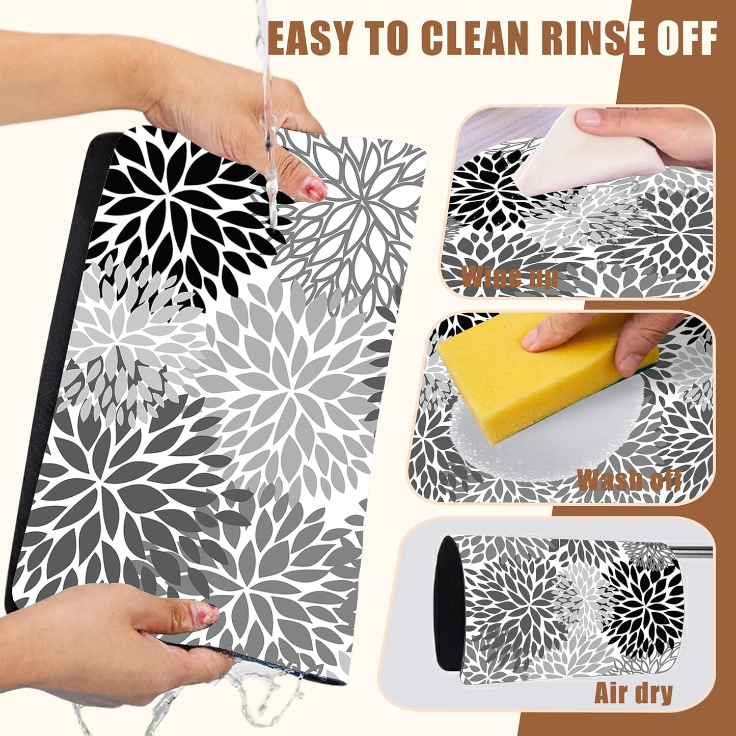 Dish Drying Mat Black and White Chrysanthemum Flower Coffee Bar Mat Absorbent Coffee Mat Rubber Backed Hide Stain Dish Drainer Rack Mat Coffee Maker Coffee Pot Dining Room Decoration 11.8 x 19.7 Inch