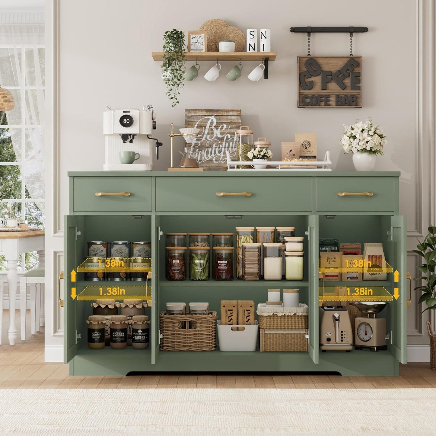 HOSTACK Buffet Sideboard Cabinet with Drawers, 55" Large Buffet Storage Cabinet with Shelves and Doors, Modern Farmhouse Coffee Bar Station for Kitchen, Dining Room, Green