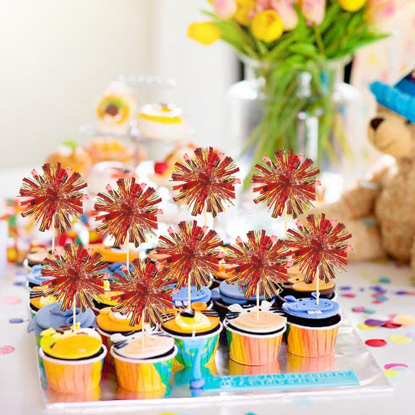 30 PCS Foil Firework Cupcake Toppers Sparkle Tinsel Cupcake Picks Happy Birthday Cake Decorations Drink Stirrers Cocktail Food Fruit Toothpicks for Baby Shower Graduation Party Supplies Red Gold