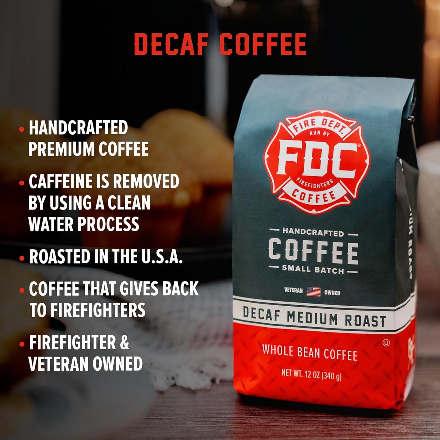 Fire Department Coffee - Gives Back to Firefighters - Premium Whole Bean Decaf Coffee - Roasted in the USA - Decaffeinated Using Natural Mountain Water - Veteran Owned -12 oz