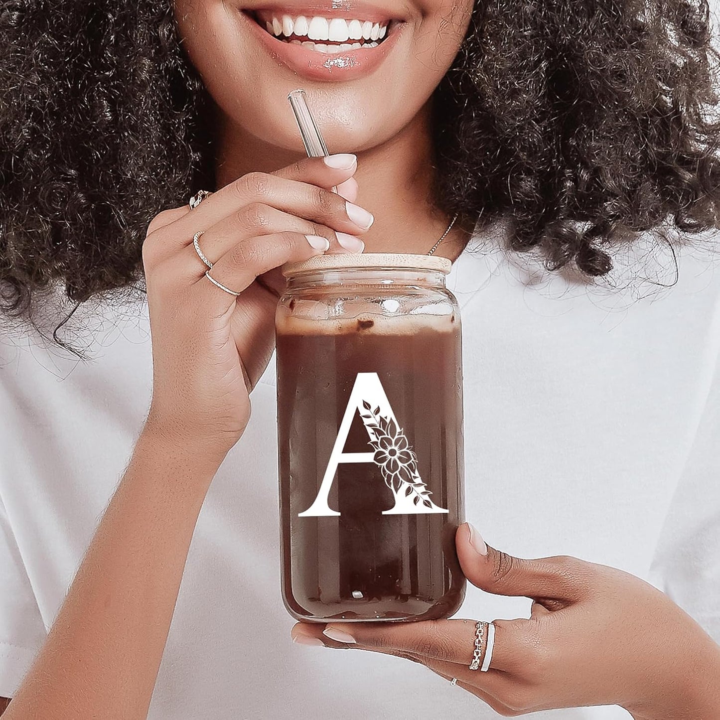 Personalized Gifts for Women, Monogrammed Glass Cups with Lids and Straws, Custom Tumbler, Cute Customized Mug, Aesthetic Stuff, Initial Iced Coffee Cup, Drinking Glasses, Birthday Teacher Gifts, V