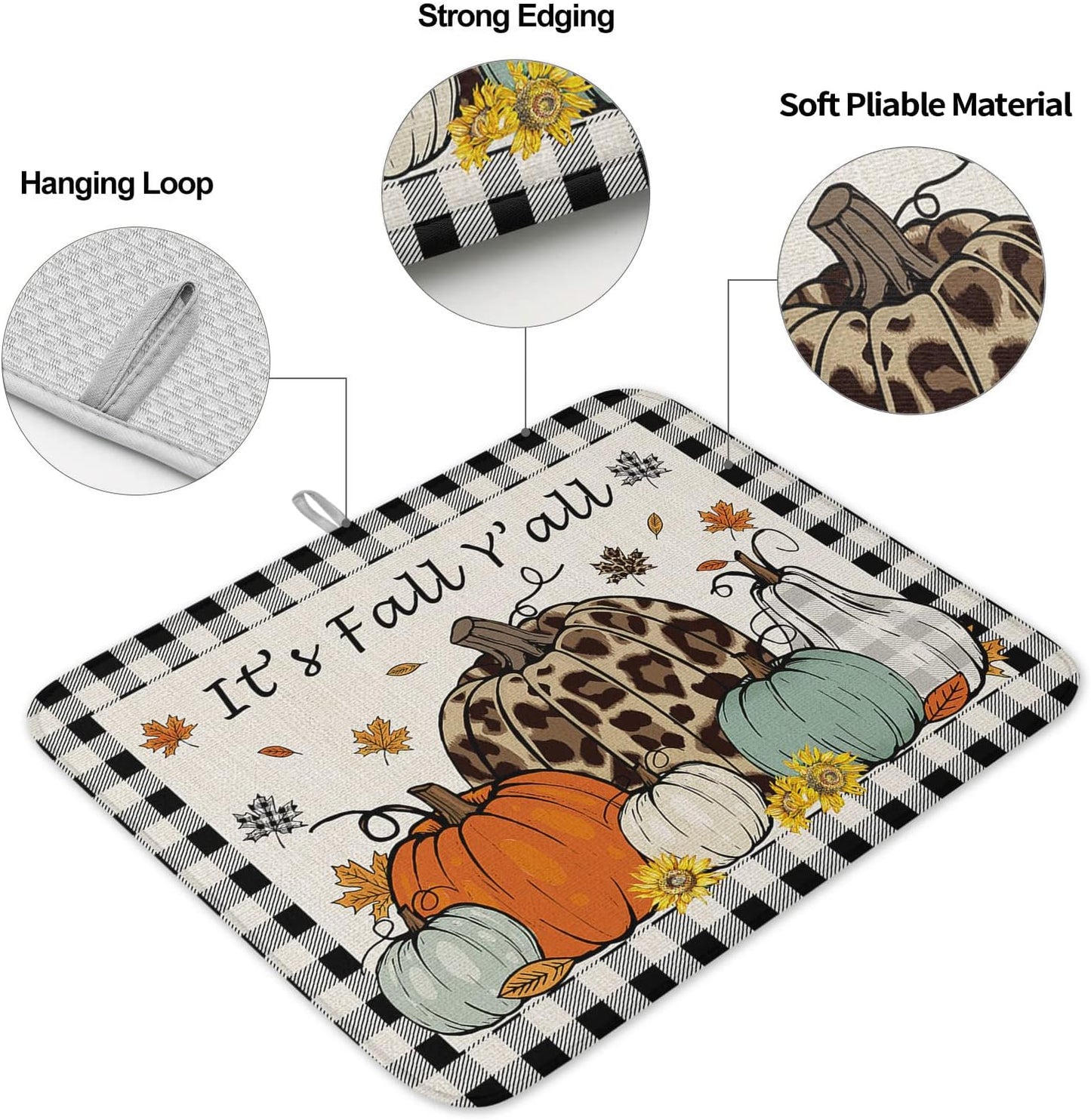 Fall Dish Drying Mat for Kitchen Counter Pumpkin Drying Pad Absorbent Drying Mats for Countertops Sinks Draining Racks Maple Leaves Black Buffalo Plaid Drainer Holiday Harvest Thanksgiving Decor 18x24