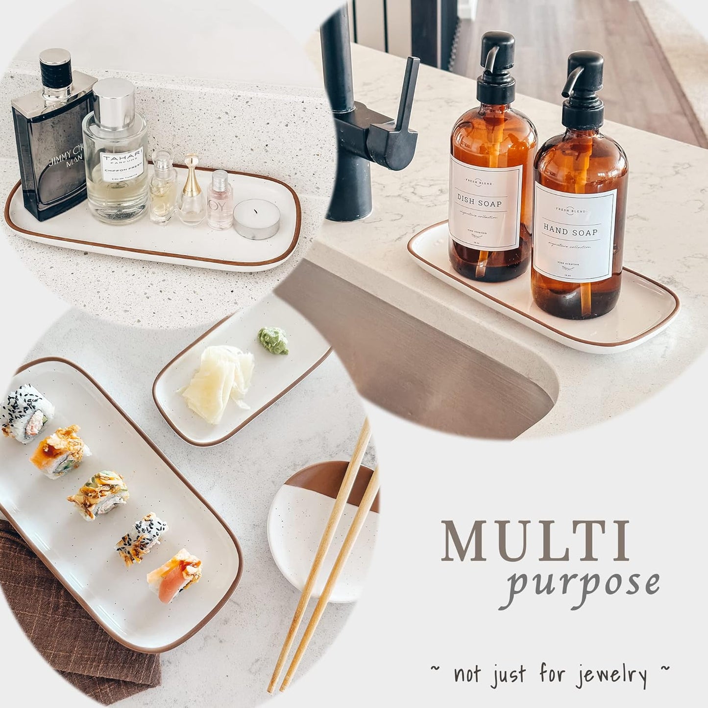 Mora Ceramic Decorative Tray - Rectangle 10in Dish for Jewelry, Soap Dispenser, Perfume, Makeup, Accessories, Candle, in The Bathroom Vanity, Bedside, or Kitchen Counter. Cute Organizers - White