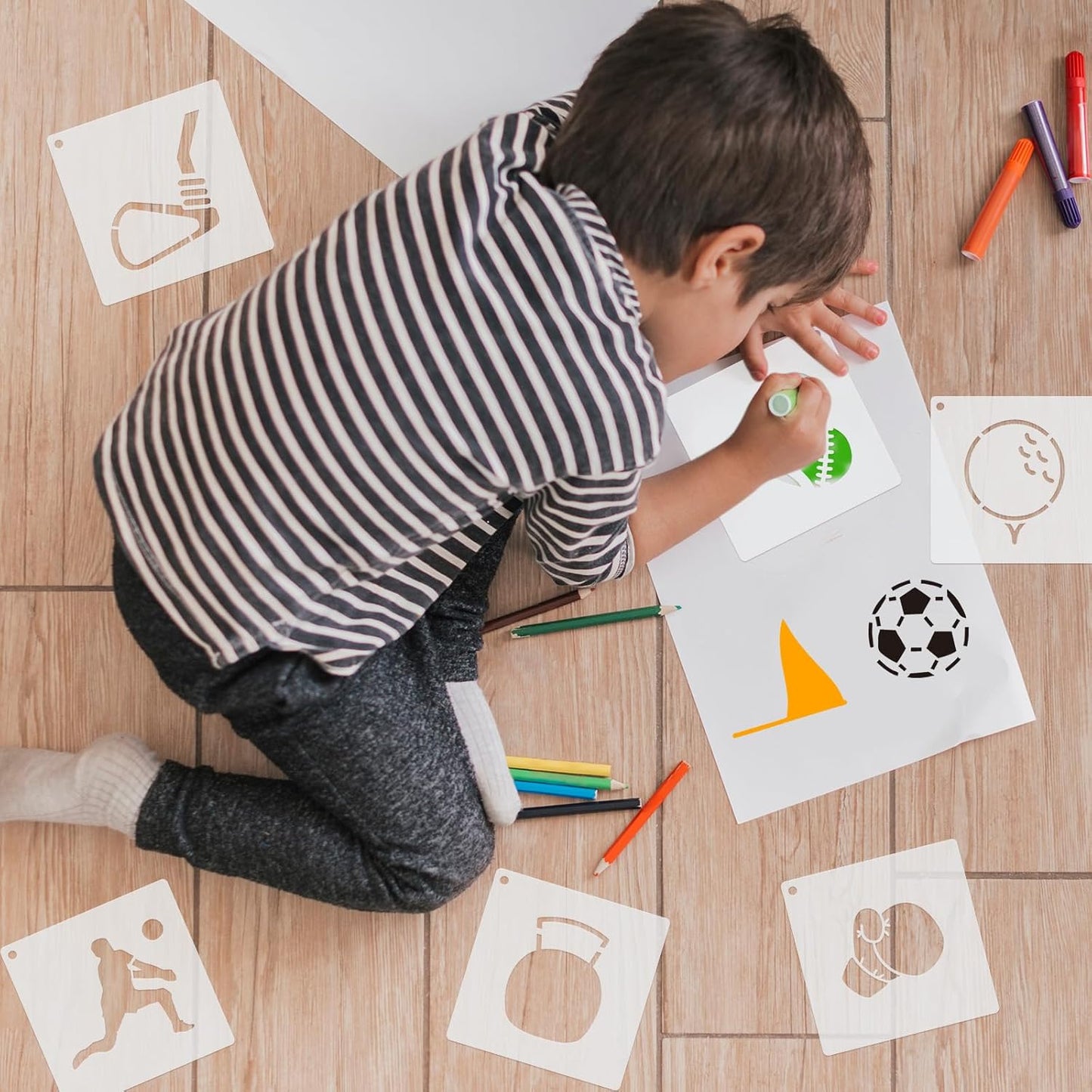 Fainne 100 Pcs Stencils for Painting on Wood Reusable Stencil Crafts Drawing Templates Holiday Wall Paper for DIY Scrapbook Home 2 x 2 Inch (Sport,Ball)