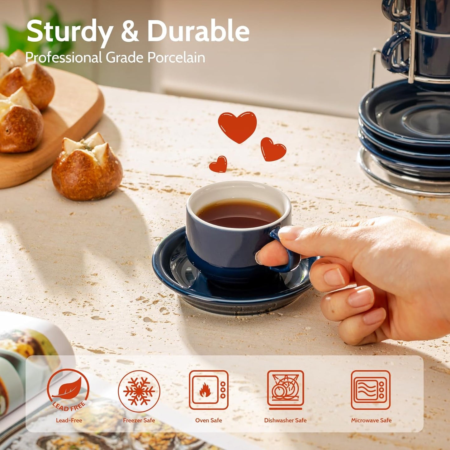 Sweese 2.5 Ounce Porcelain Stackable Espresso Cups with Saucers and Metal Stand Set of 4, Navy