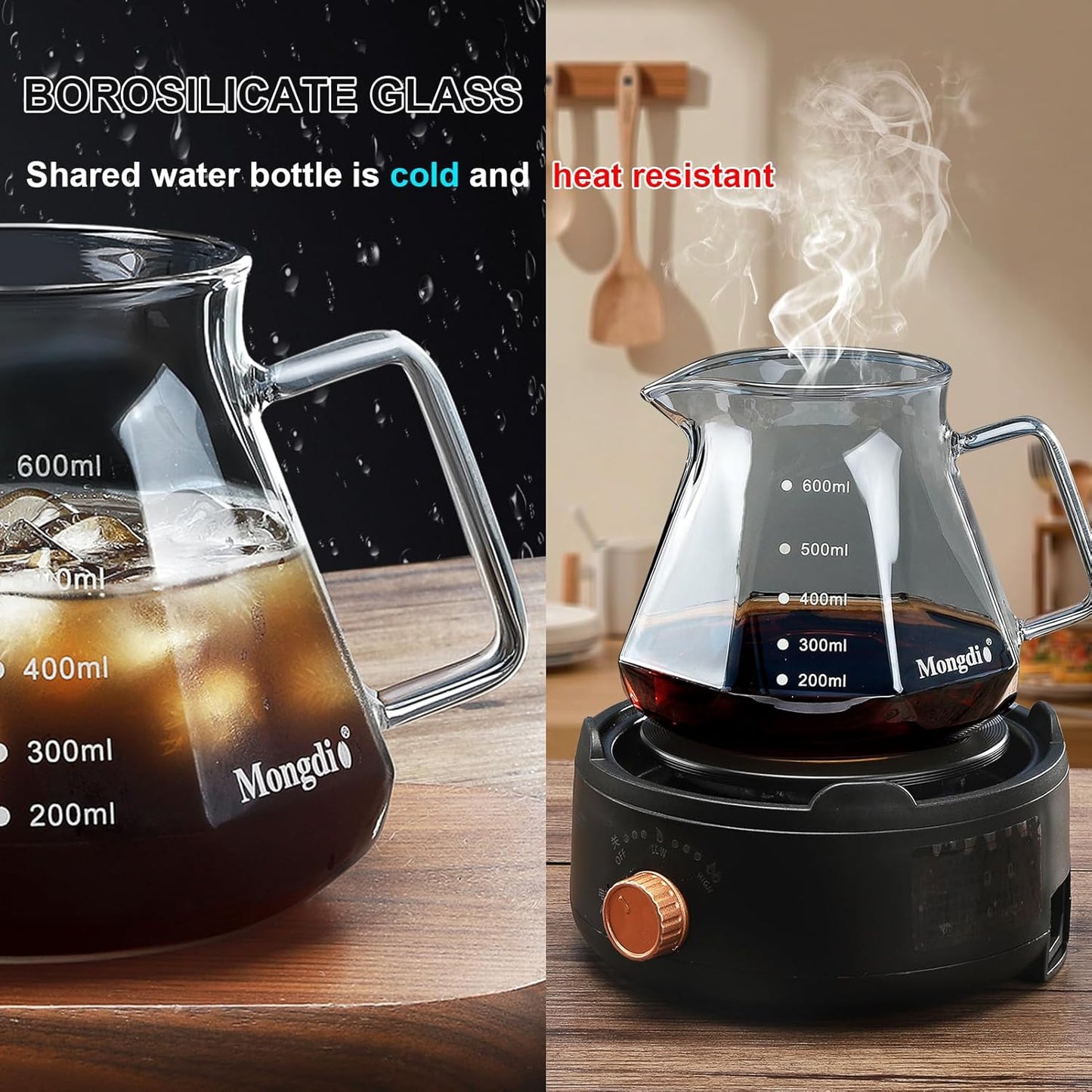 Mongdio Pour Over Coffee Maker, 20 oz High-Heat Borosilicate Glass Coffee Maker with 100pcs V60 Paper Filters, Walnut Handle & Glass Lid, Drip Coffee Maker Set for Home Café Restaurant - 600ml, Gray