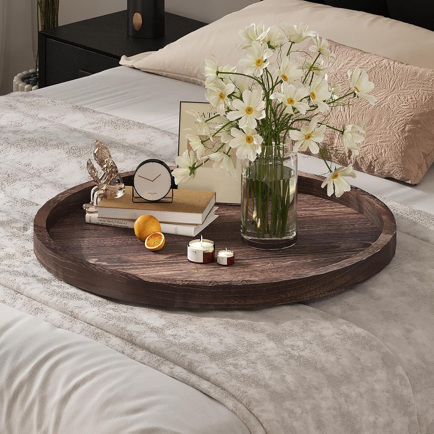 Round Ottoman Tray for Coffee Table Living Room Wood Serving Tray Large Wooden 24 Inches Rustic Brown