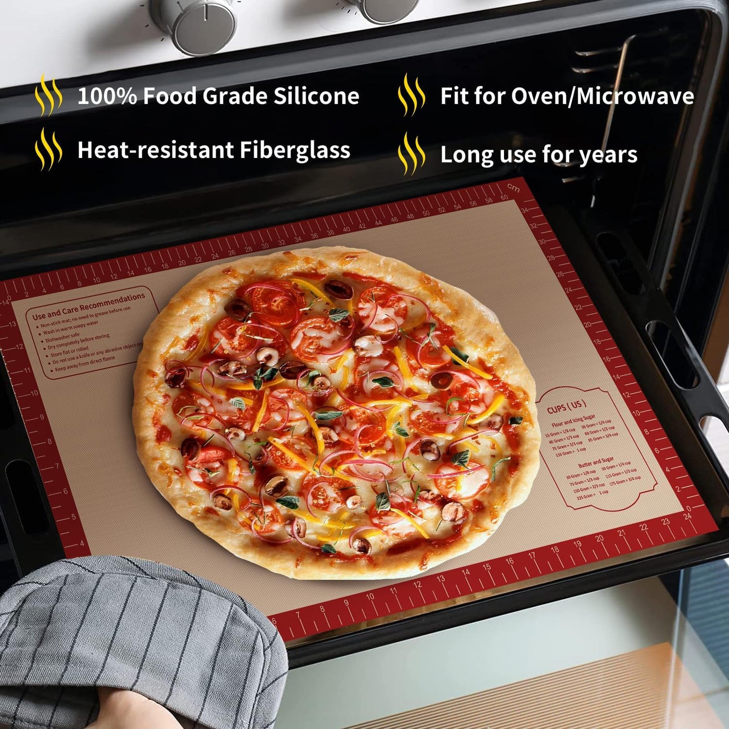 Silicone Baking Mat, Reusable Non-Stick Pastry Mat for Rolling Out Dough, Pizza Crust Pie Baking Mat, Cookies, Cake, Bread, Chocolate, Pastry, Oven Mat